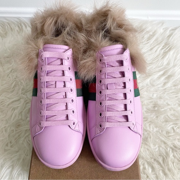 Gucci Ace Fur Lined Sneaker Pink Leather Web Bee NEW size 37 - Picture 2 of 15